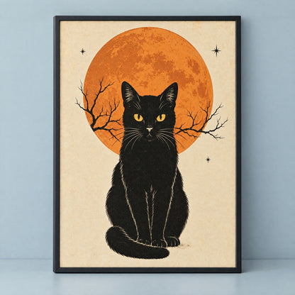 Vintage black cat art print with a full orange moon, framed in black and ready to hang, on a plain dusty blue ground