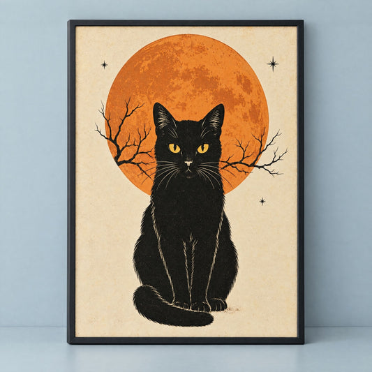 Vintage black cat art print with a full orange moon, framed in black and ready to hang, on a plain dusty blue ground