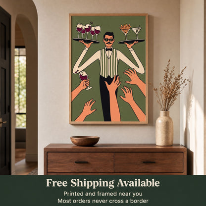 Waiter bar cart wall art above a hallway console, with a band reading free shipping available