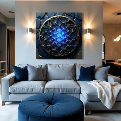 Blue Glow Flower of Life in a Gold Ring canvas shown in a styled room setting, view 3