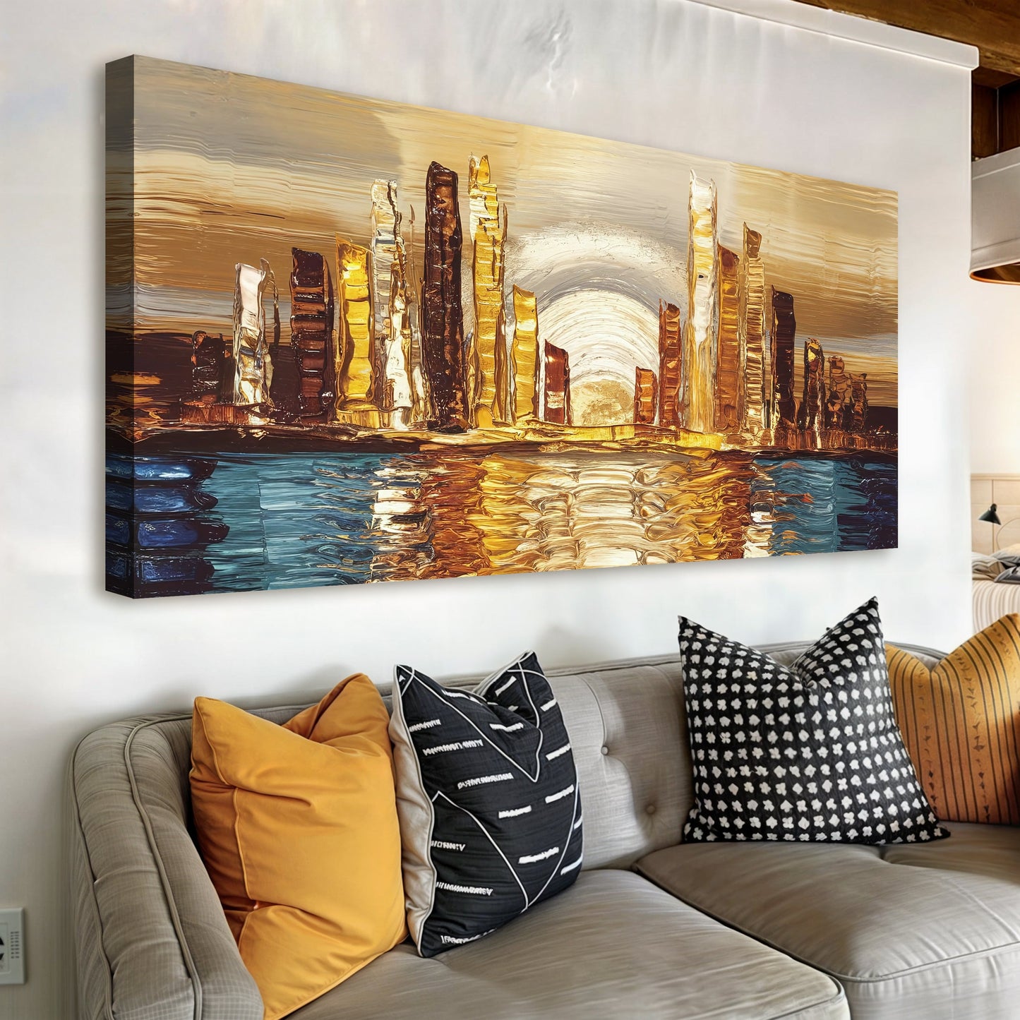 Golden metropolis abstract impasto canvas wall art with thick textured brushwork in gold and amber