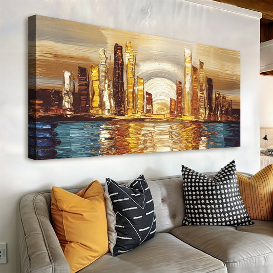 Golden metropolis abstract impasto canvas wall art with thick textured brushwork in gold and amber