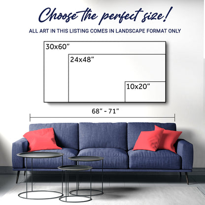 Size guide showing 10x20, 24x48 and 30x60 inch canvases above a sofa, with text: Choose the perfect size!