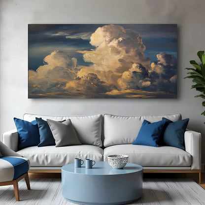 Golden Storm Clouds at Dusk Panoramic canvas shown in a styled room setting, view 2