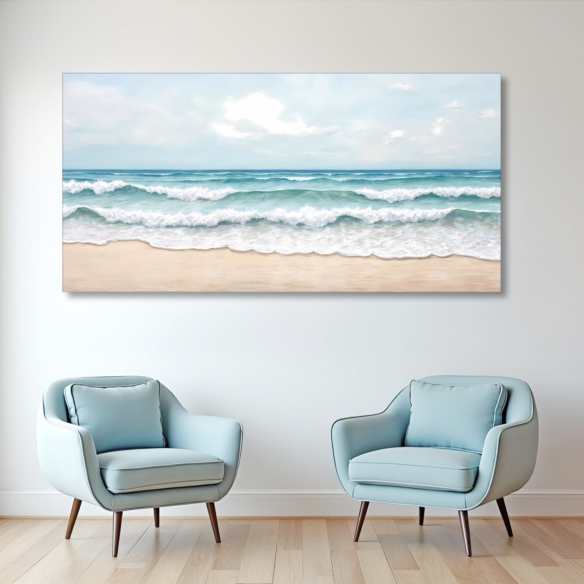 Serene ocean wave coastal canvas wall decor in calm blue tones, ready to hang