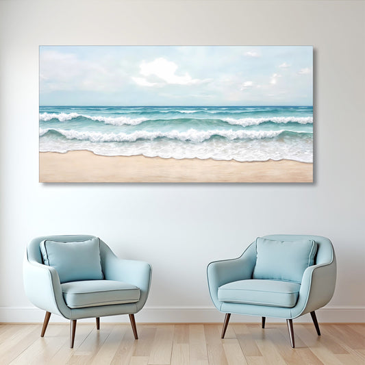 Serene ocean wave coastal canvas wall decor in calm blue tones, ready to hang