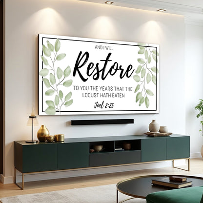 Joel 2:25 Restore Bold Script Bordered canvas shown in a styled room setting, view 2
