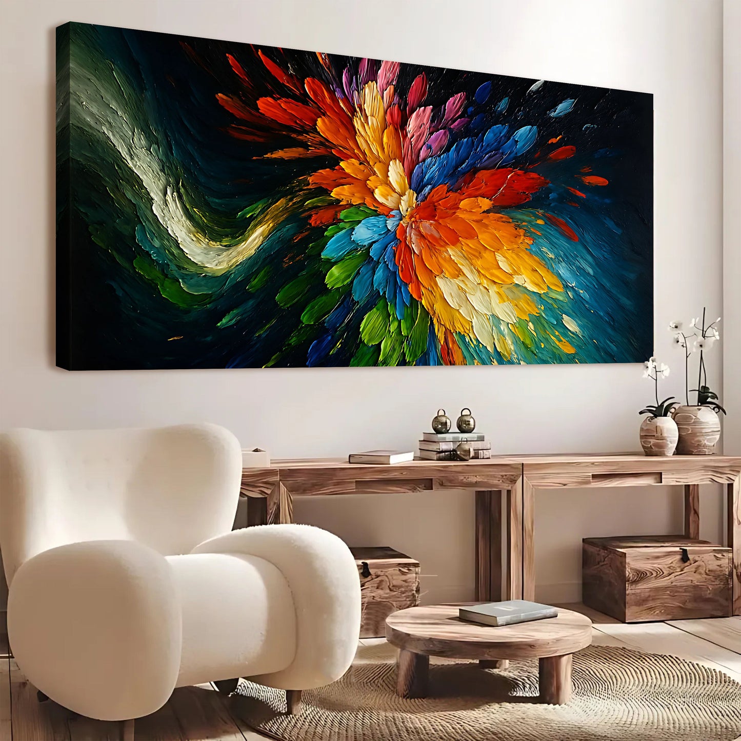 Cosmic burst abstract colorful canvas wall art with swirling colors