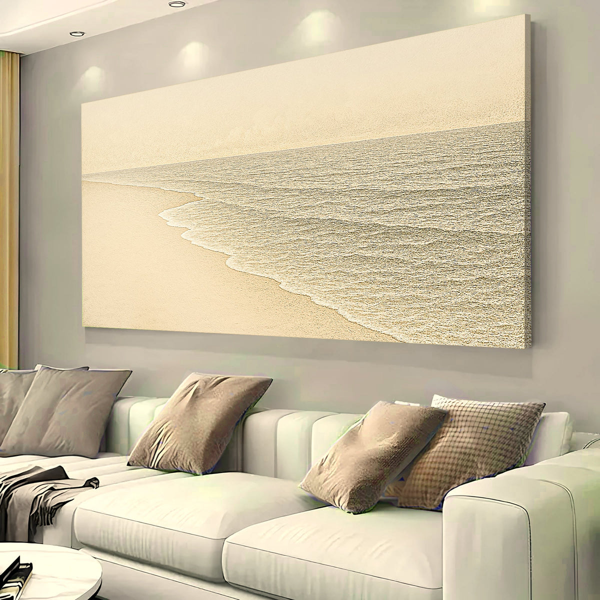 Cream Beach and White Surf canvas shown in a styled room setting, view 2