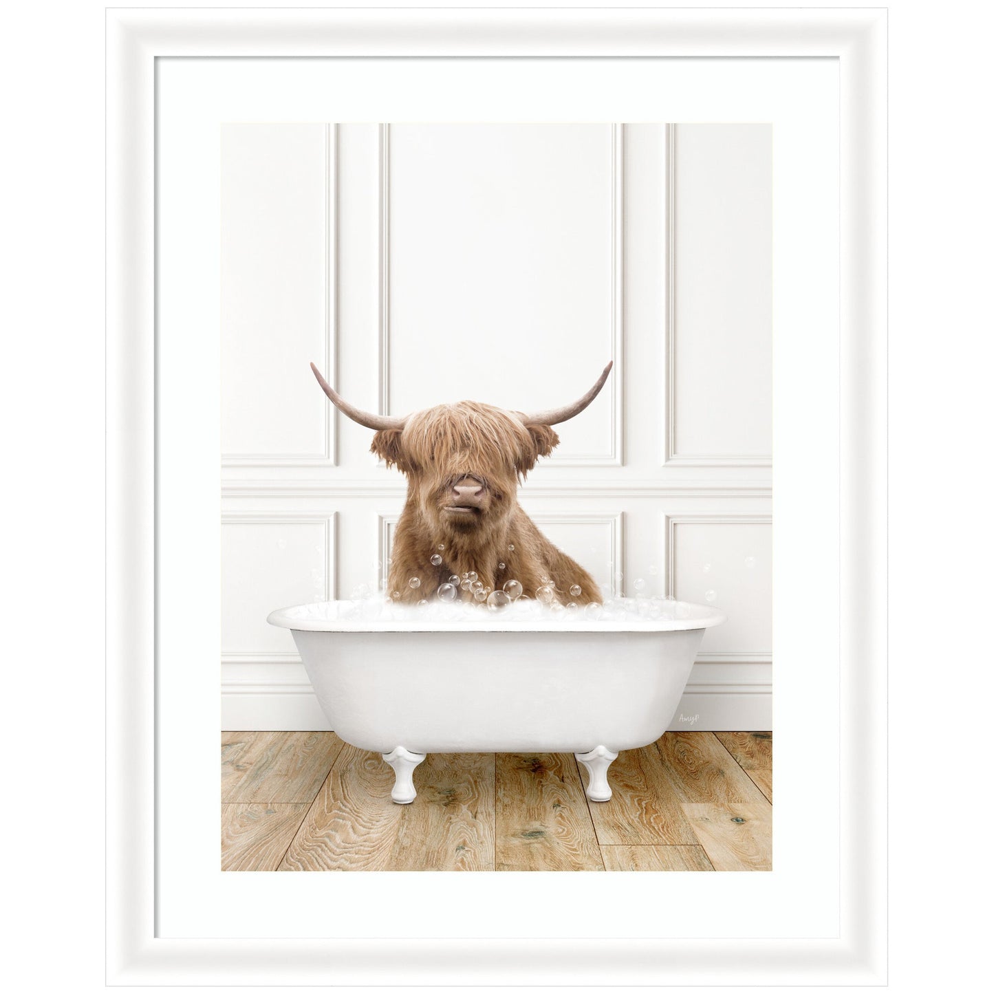 Highland Cow in Traditional Vintage Bathtub by Amy Peterson Framed Wall Art Print