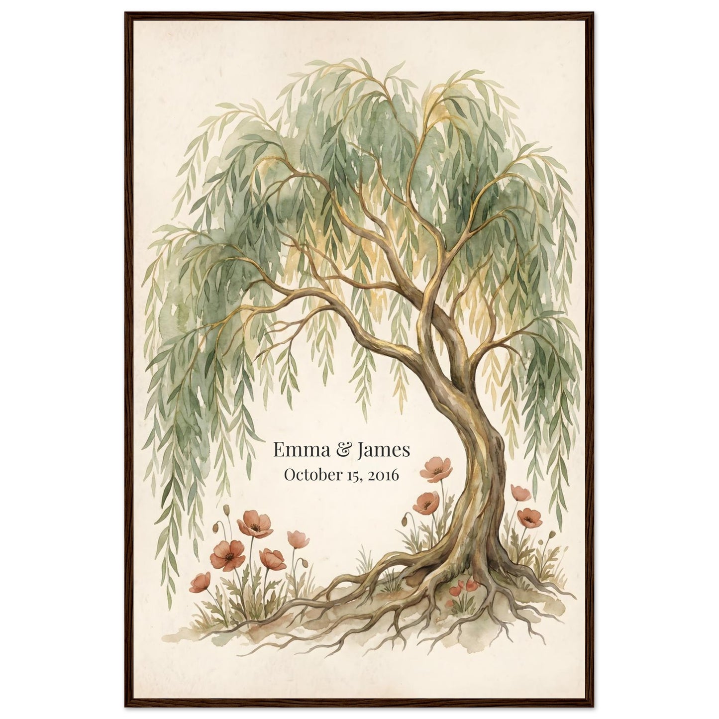 Personalized Willow Tree 9th Anniversary Wall Art - 60x90 cm / 24x36″ - Dark wood frame / Ready-to-hang - Sparkycare