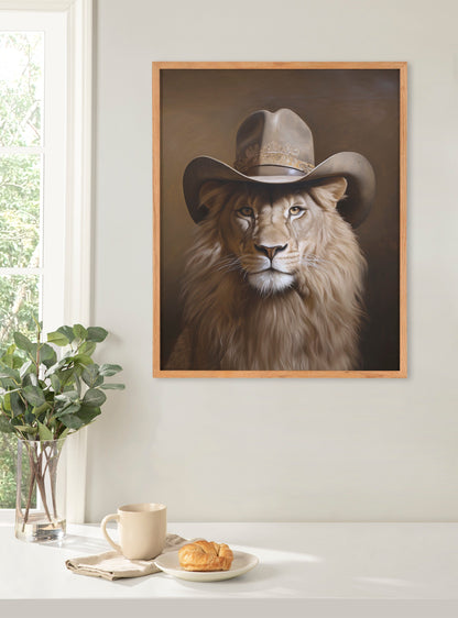 Lion Wearing a Western Cowboy Hat Framed Wall Art Print