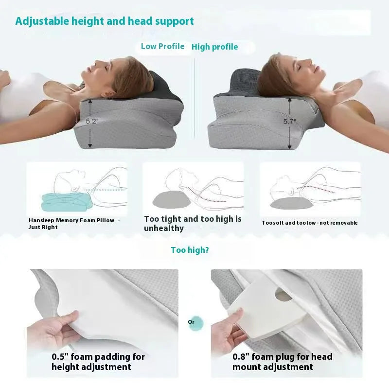 Memory foam pillow with adjustable height and head support features, shown on a white background.