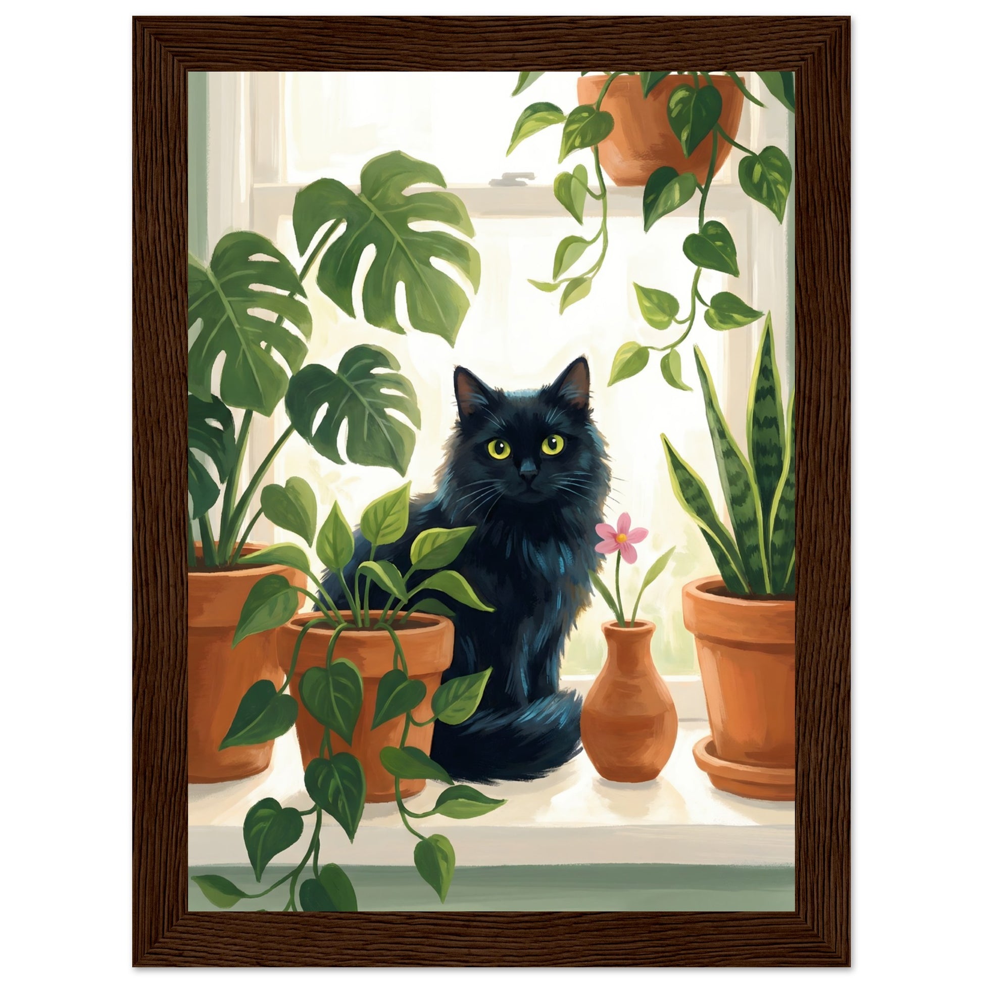 Plant Lover Wall Art - Cat & Houseplants Framed Poster - 20x25 cm / 8x10″ - White frame / Ready-to-hang - Sparkycare