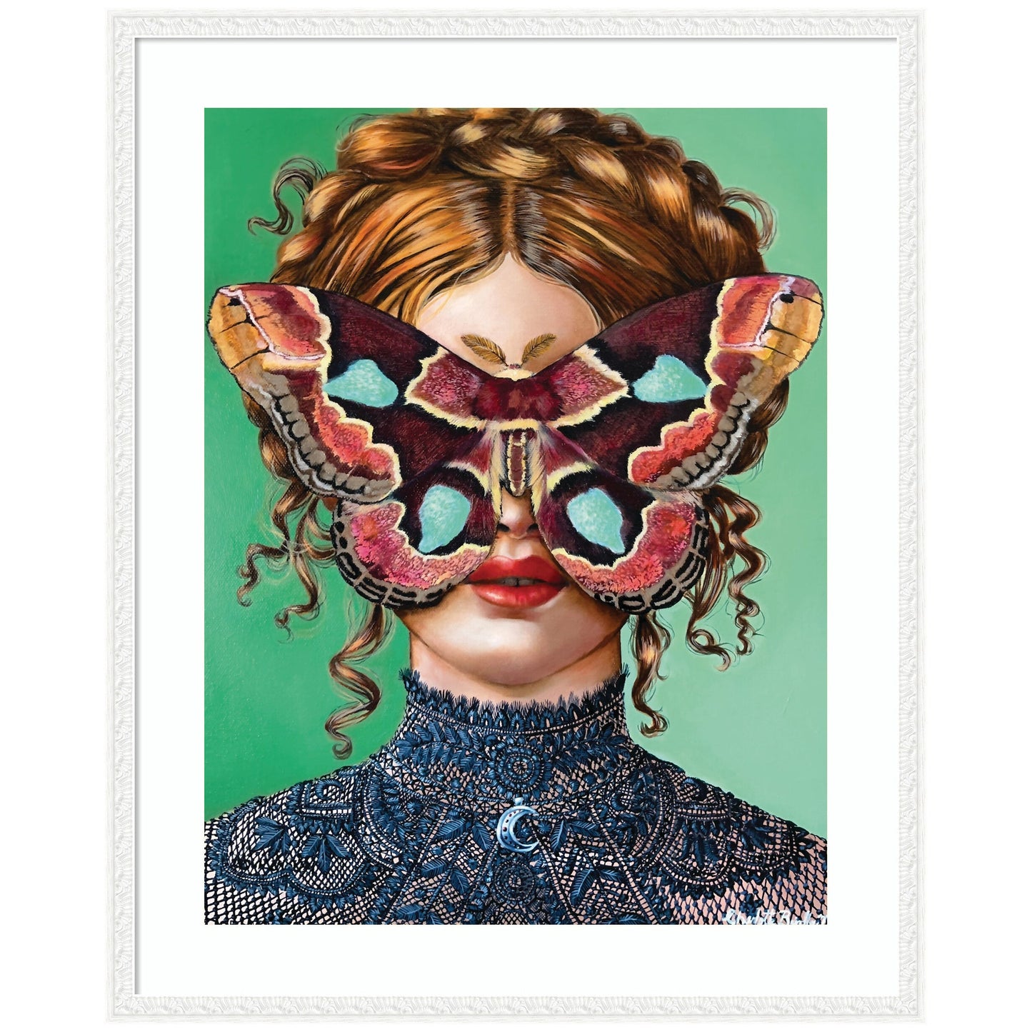 Forest Witch framed wall art print with whimsical figure among trees