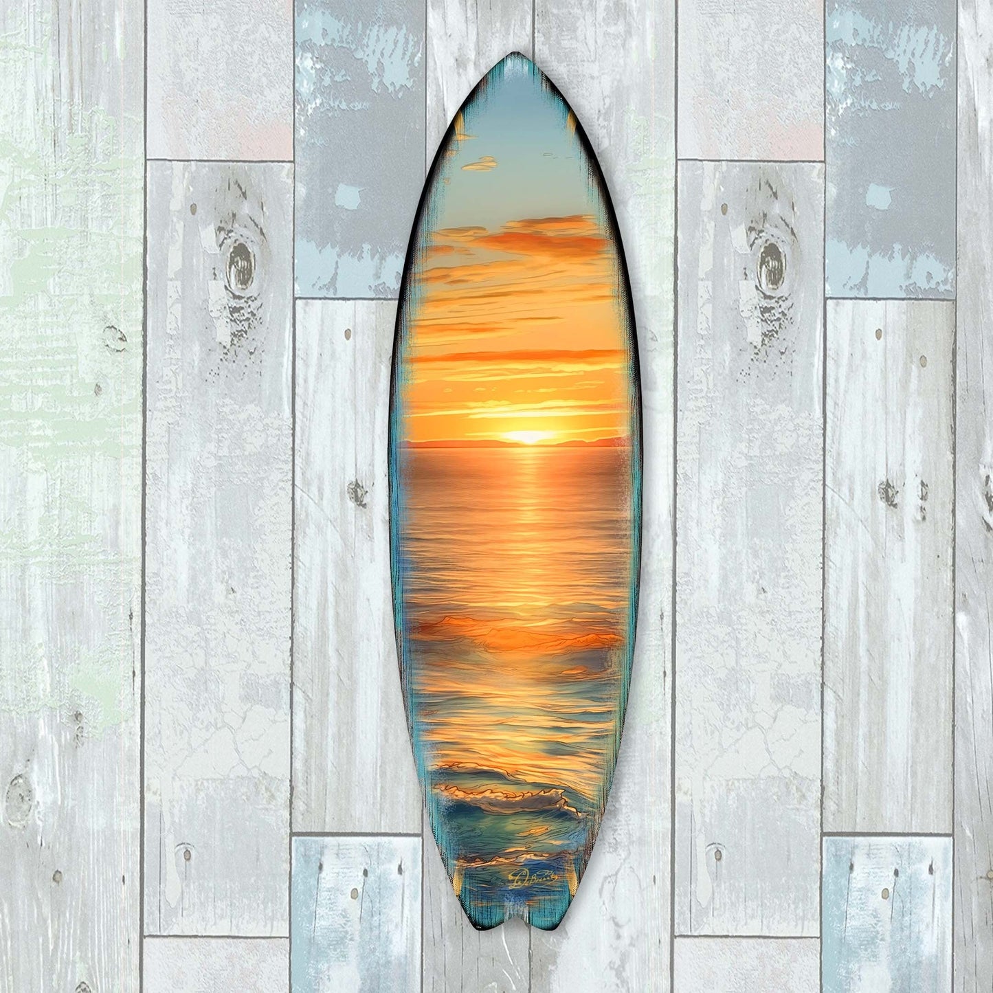 Golden Waves Sunset Surfboard Wood Wall Art