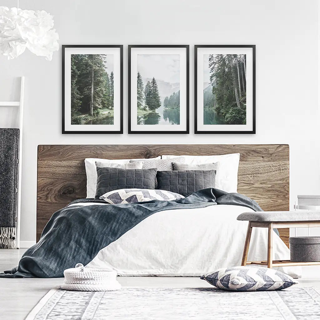 Green Forest River Wall Art, 3 Piece Mountain Print Set