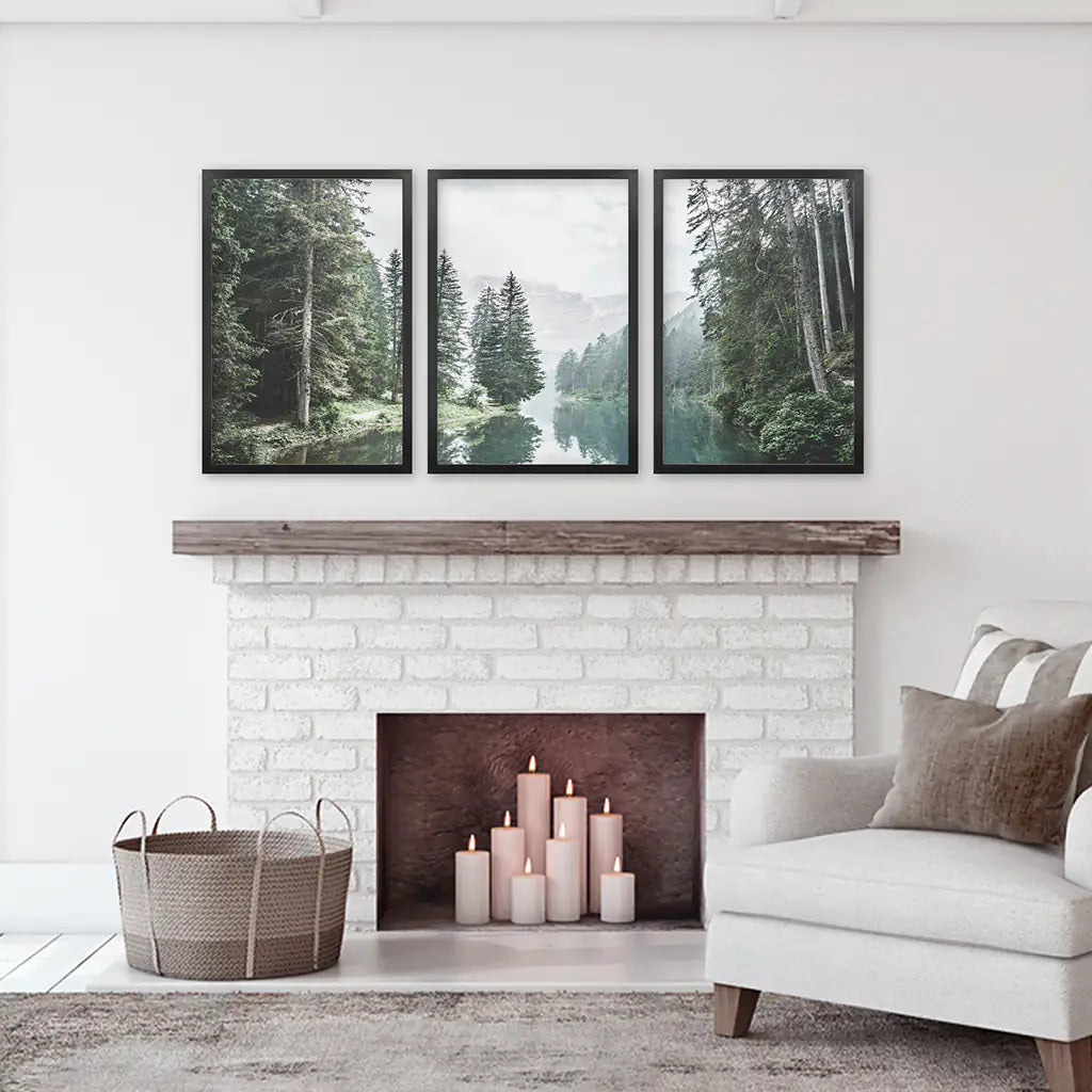 Green Forest River Wall Art, 3 Piece Mountain Print Set
