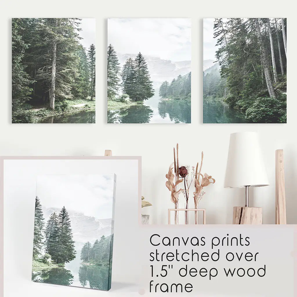 Green Forest River Wall Art, 3 Piece Mountain Print Set