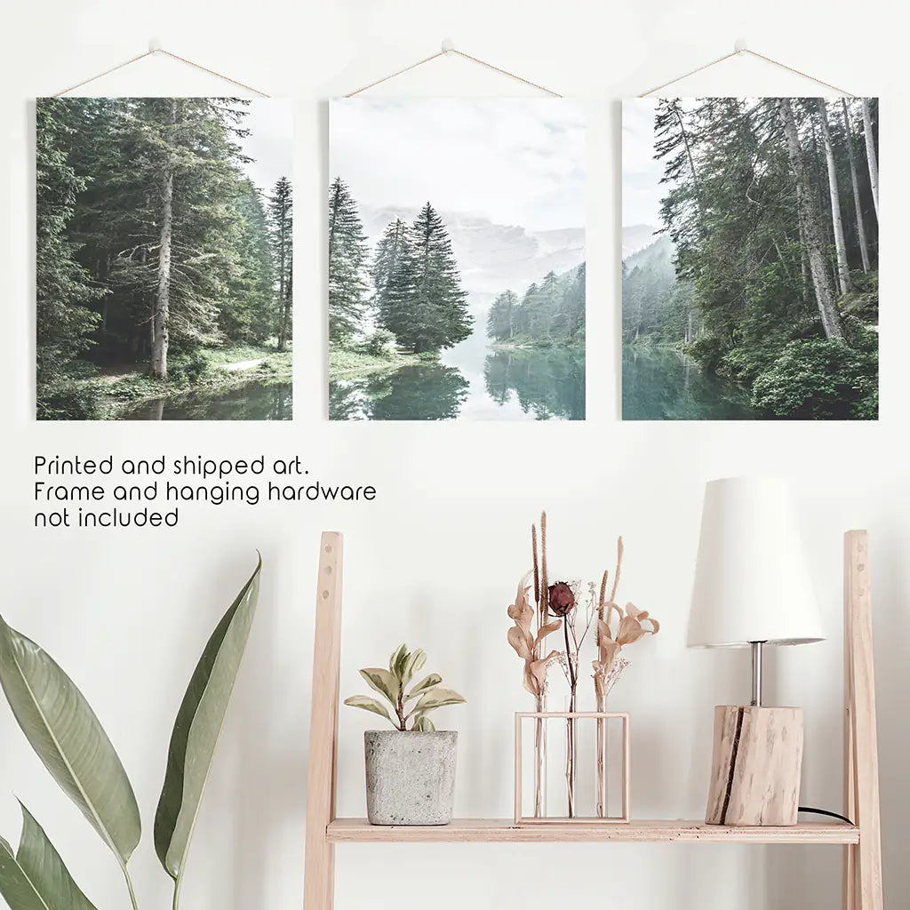 Green Forest River Wall Art, 3 Piece Mountain Print Set