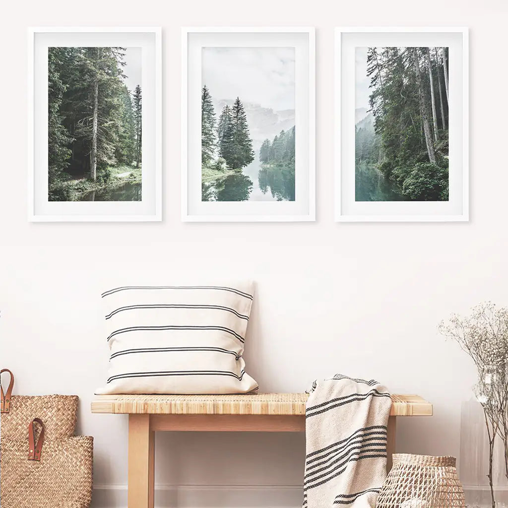 Green Forest River Wall Art, 3 Piece Mountain Print Set