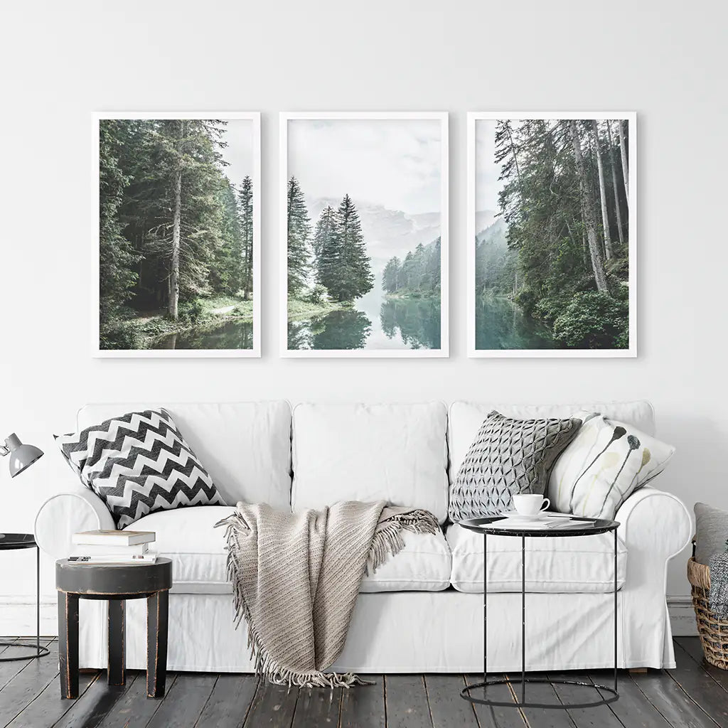 Green Forest River Wall Art, 3 Piece Mountain Print Set