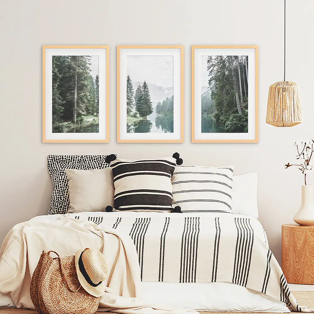 Green Forest River Wall Art, 3 Piece Mountain Print Set