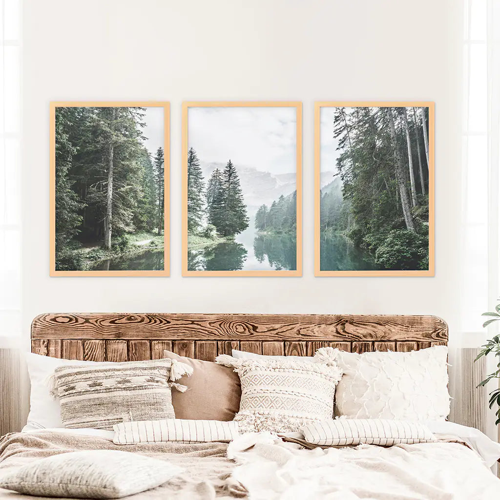 Green Forest River Wall Art, 3 Piece Mountain Print Set