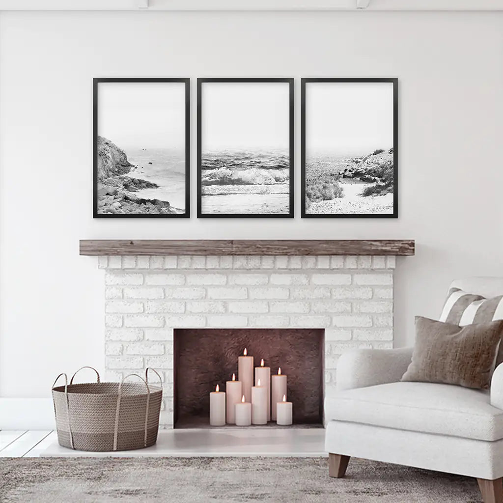 Black White Coastal Wall Art Set of 3. Waves, Rocky Beach