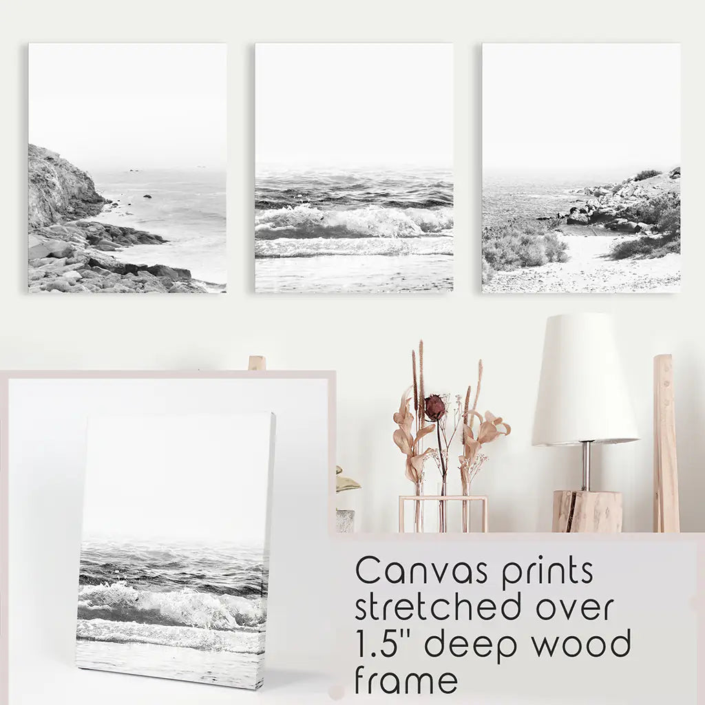 Black White Coastal Wall Art Set of 3. Waves, Rocky Beach