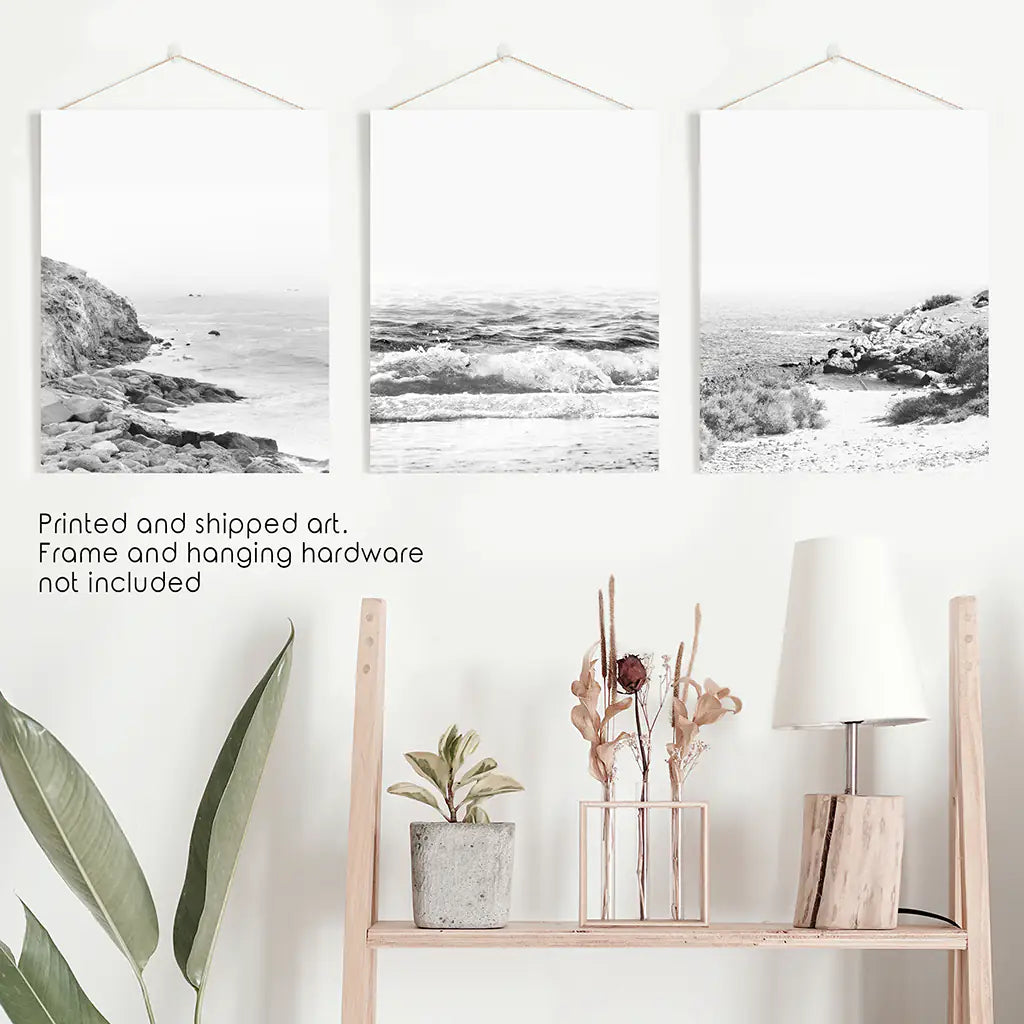 Black White Coastal Wall Art Set of 3. Waves, Rocky Beach