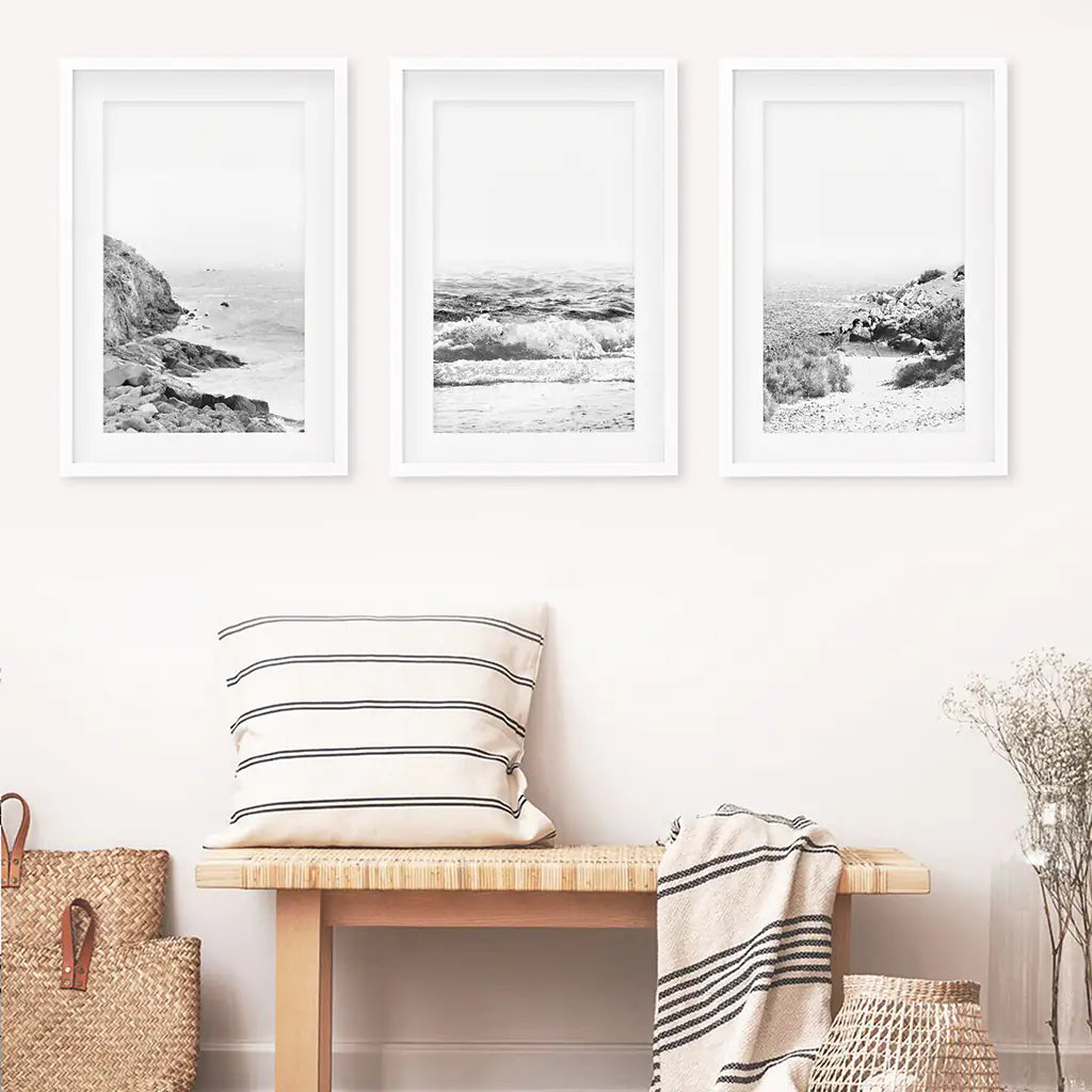 Black White Coastal Wall Art Set of 3. Waves, Rocky Beach