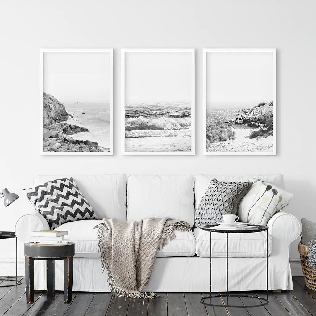 Black White Coastal Wall Art Set of 3. Waves, Rocky Beach