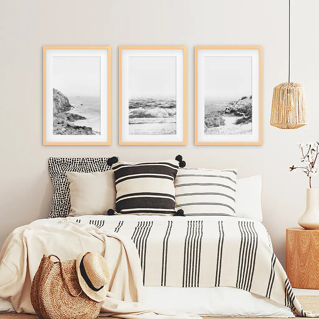 Black White Coastal Wall Art Set of 3. Waves, Rocky Beach