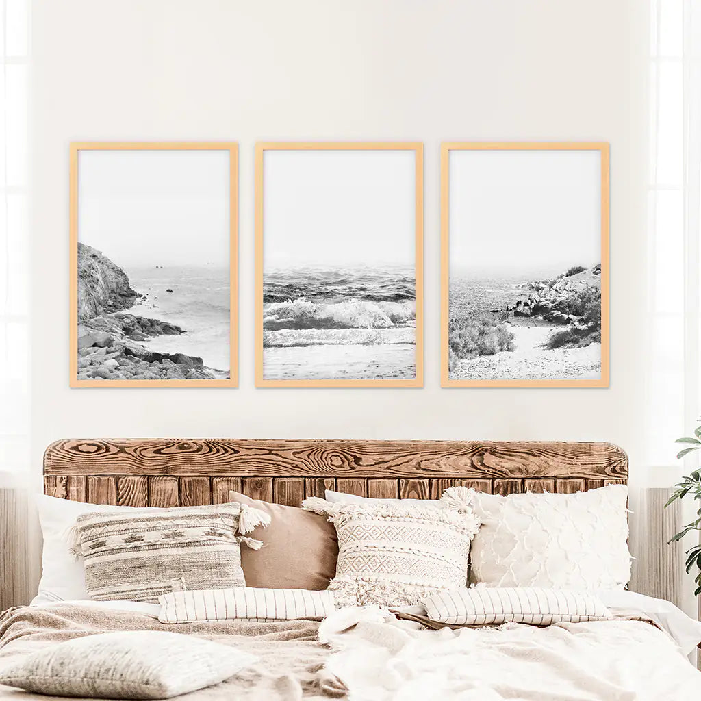 Black White Coastal Wall Art Set of 3. Waves, Rocky Beach