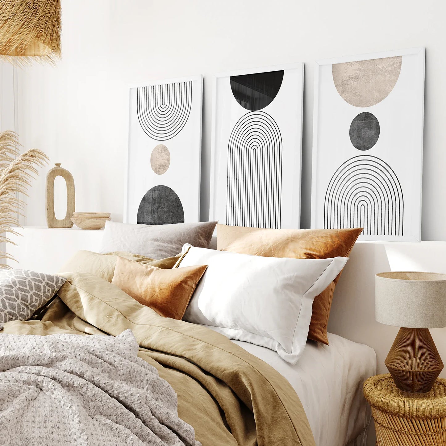 Neutral Mid-Century Modern Wall Art Set of 3, Boho Prints
