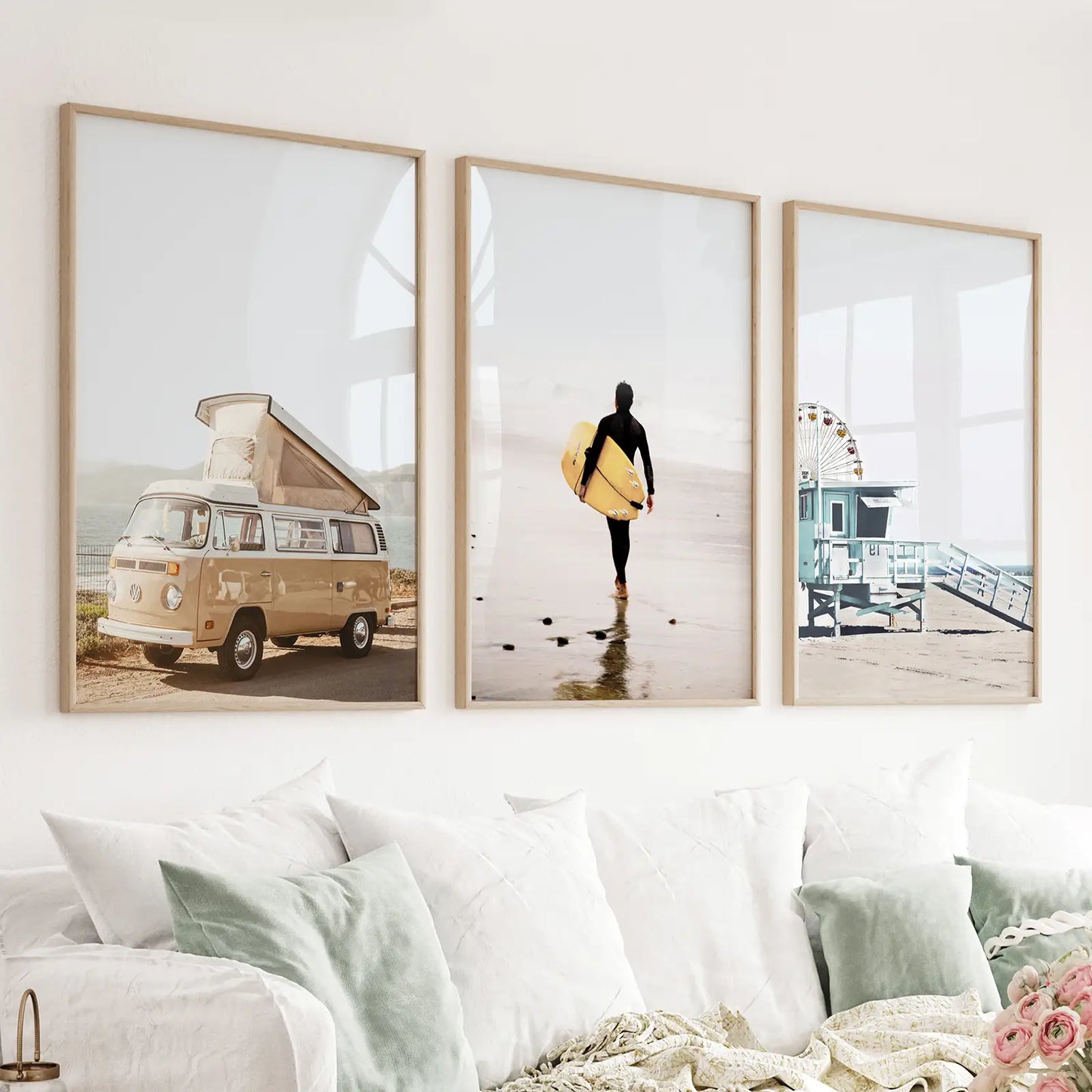 Set of 3 surf beach coastal wall art prints with surfer lifeguard tower and bus
