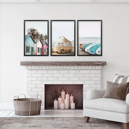 Summer Surf Wall Art Set, 3 Piece Yellow Bus Beach Prints