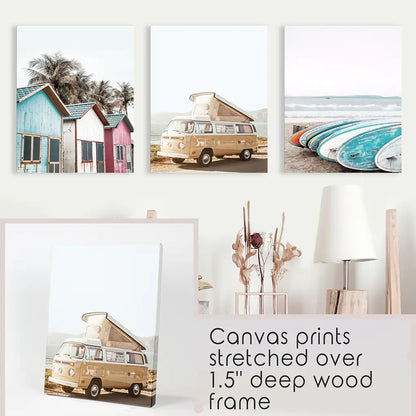Summer Surf Wall Art Set, 3 Piece Yellow Bus Beach Prints