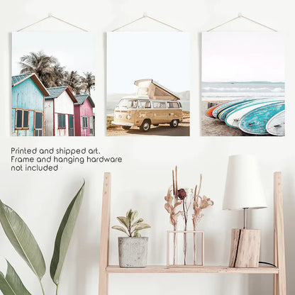 Summer Surf Wall Art Set, 3 Piece Yellow Bus Beach Prints