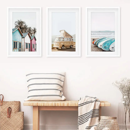 Summer Surf Wall Art Set, 3 Piece Yellow Bus Beach Prints