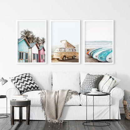 Summer Surf Wall Art Set, 3 Piece Yellow Bus Beach Prints