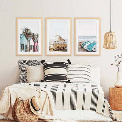 Summer Surf Wall Art Set, 3 Piece Yellow Bus Beach Prints