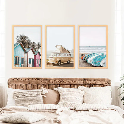 Summer Surf Wall Art Set, 3 Piece Yellow Bus Beach Prints