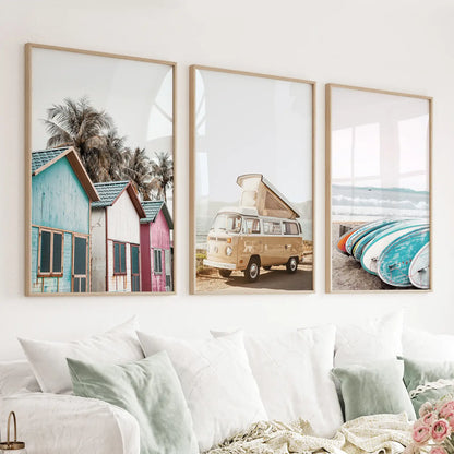 Summer surf wall art set of 3 with yellow bus, beach cabins, and surfboards