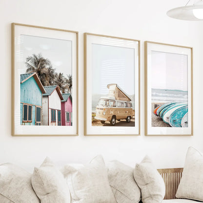 Summer Surf Wall Art Set, 3 Piece Yellow Bus Beach Prints