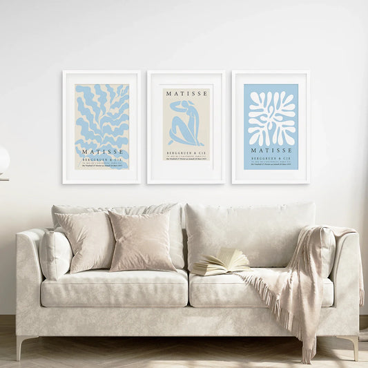 Set of 3 Blue and Beige Abstract Cut-Out Prints - Wall Art