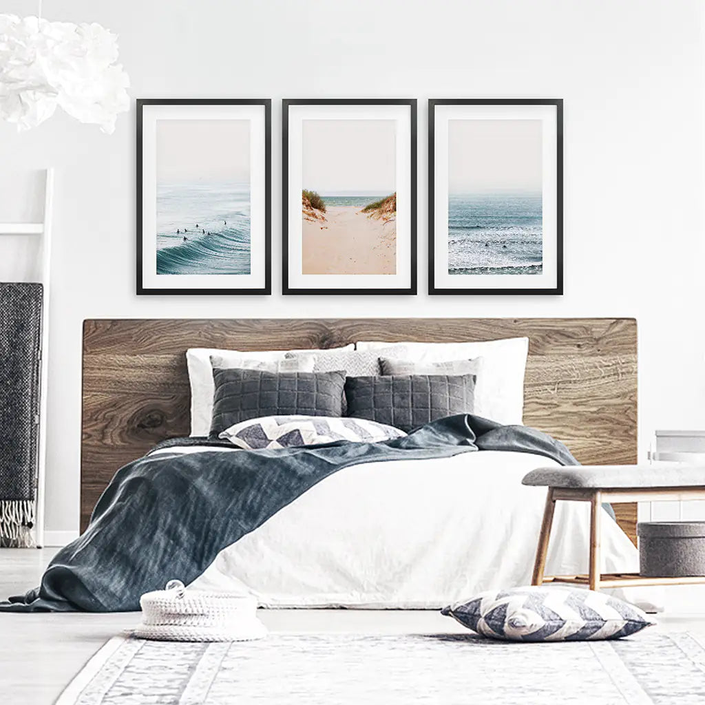 Modern Beach Wall Art Set of 3. Sandy Beach, Surfers