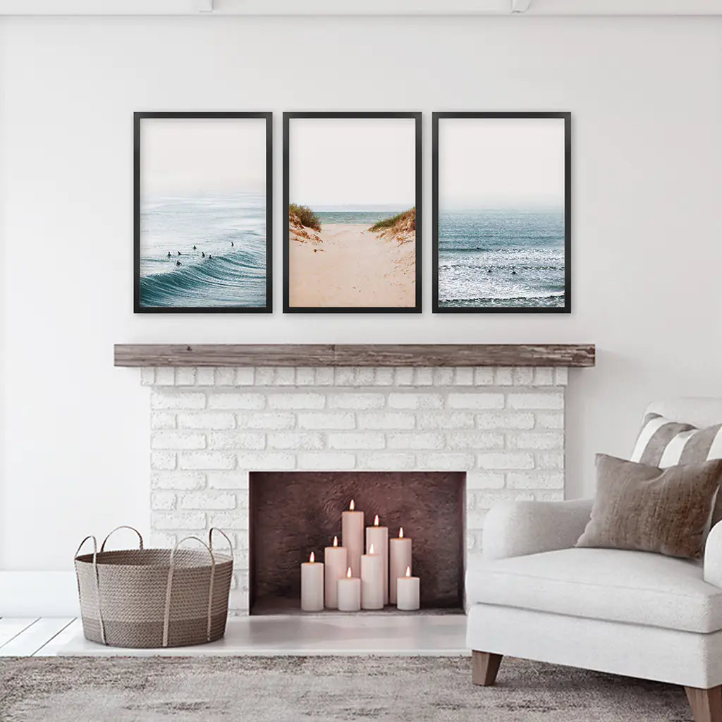 Modern Beach Wall Art Set of 3. Sandy Beach, Surfers