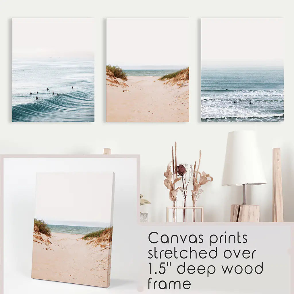 Modern Beach Wall Art Set of 3. Sandy Beach, Surfers